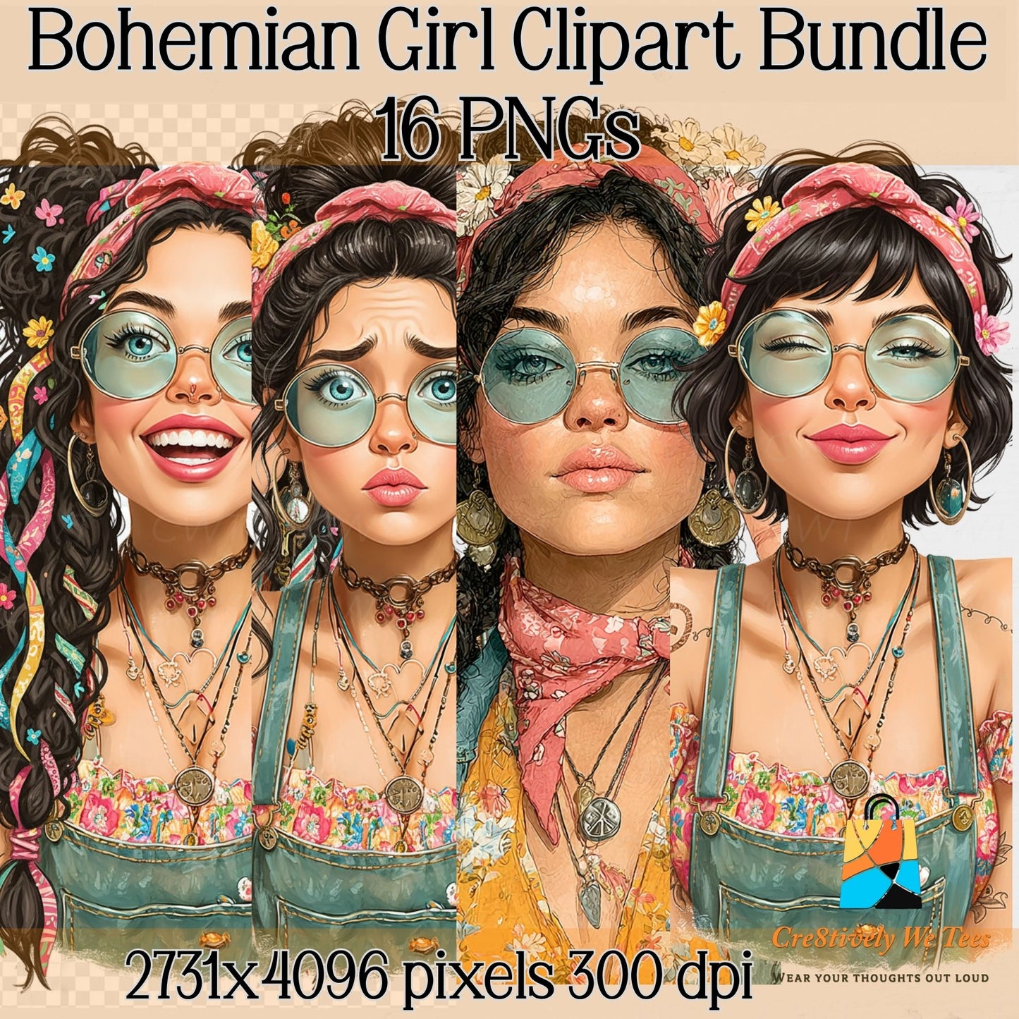 Bohemian Girl Clipart Bundle, Hippie PNG Images