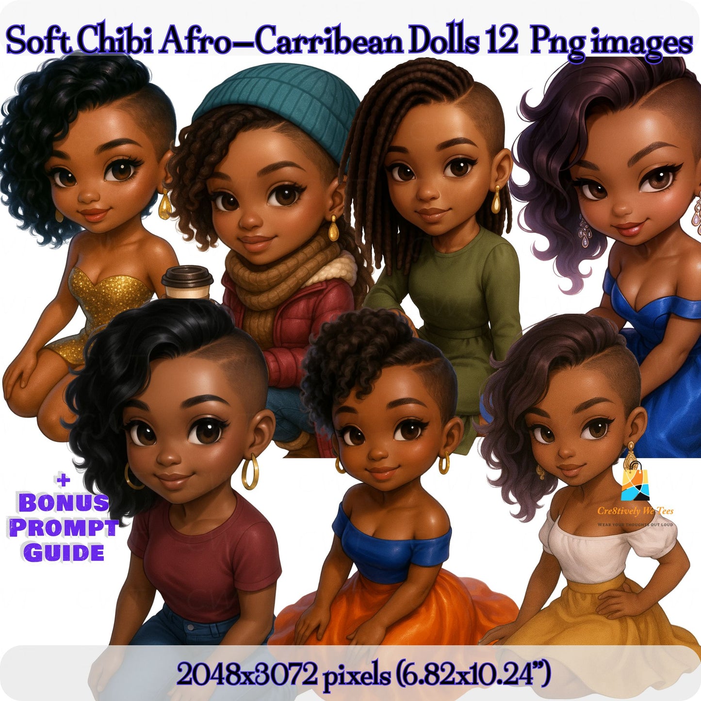 Soft-Chibi Afro-Caribbean Doll Collection + Prompt Guide (12 Images)