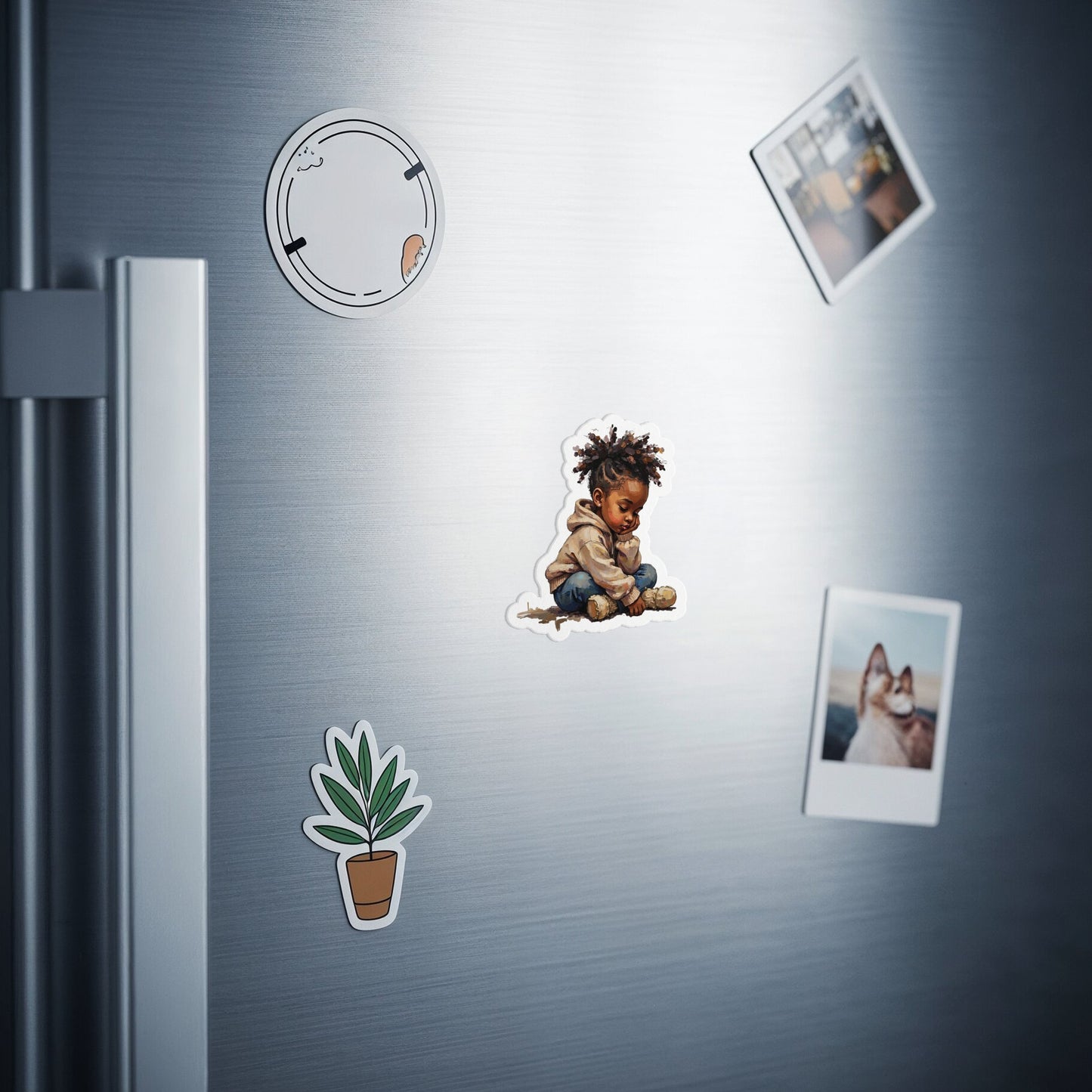 Fridge with various magnets including a child, plant, and photos