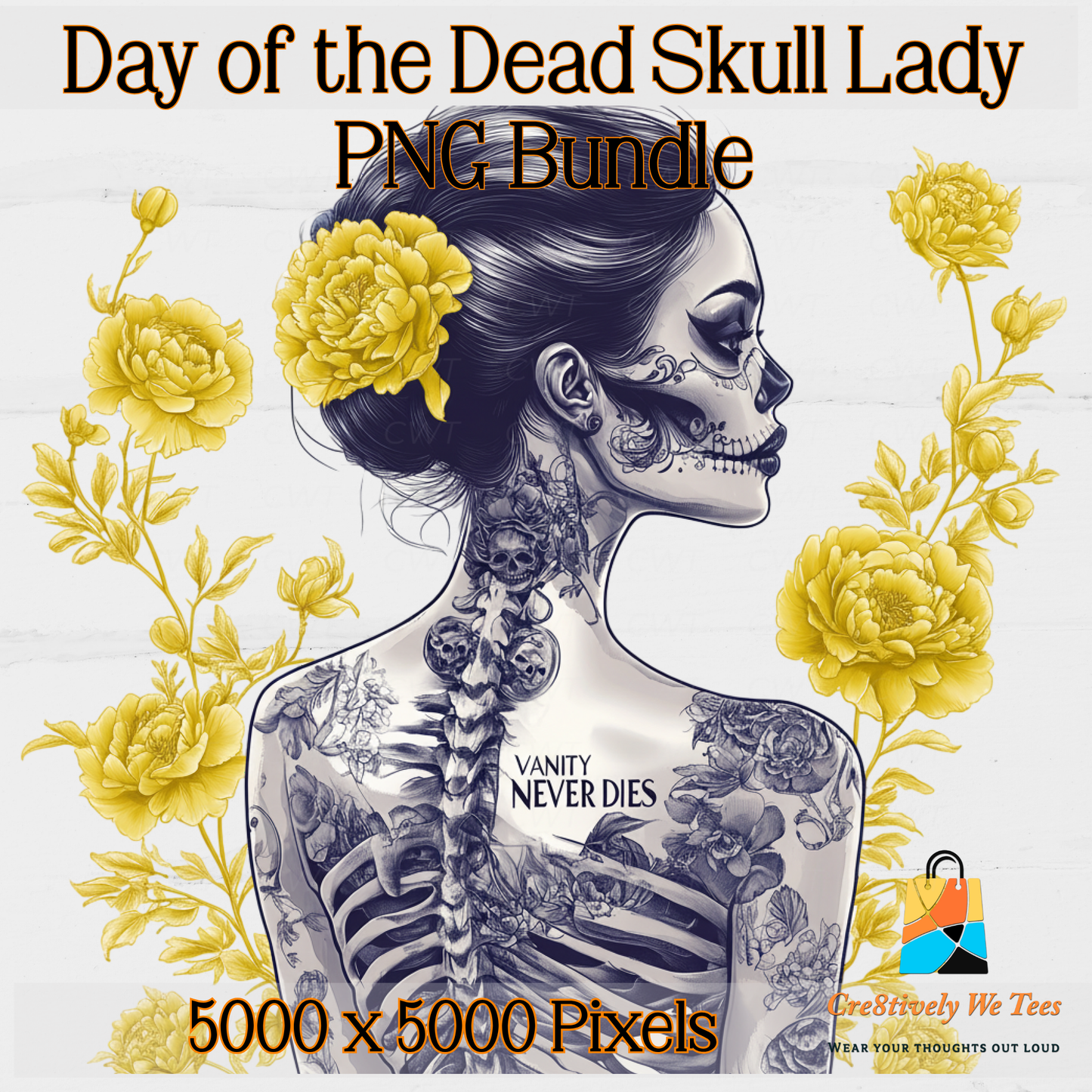 Day of the Dead Skull Lady PNG Bundle: Gothic Floral Sublimation Art, Halloween Clipart Set