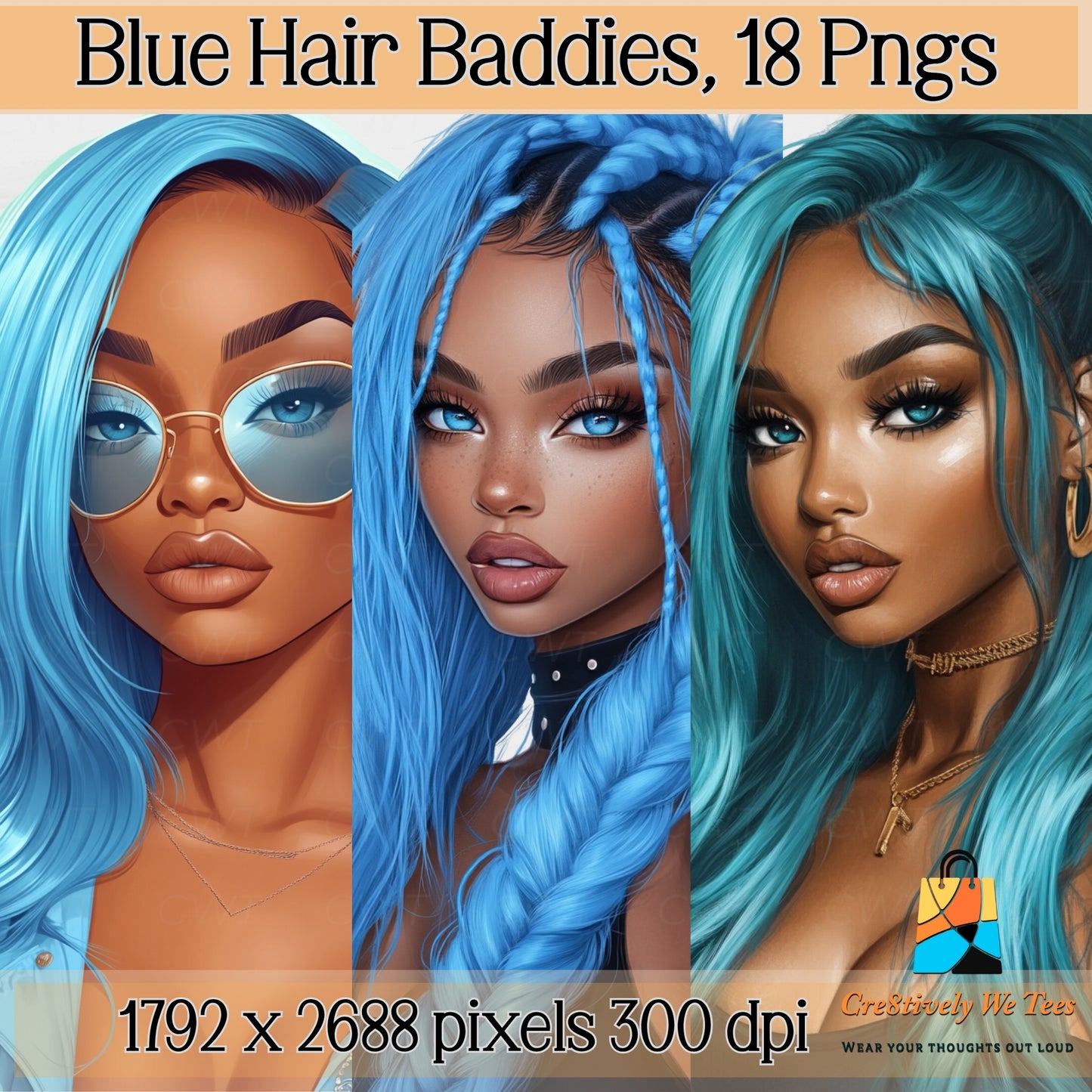 Blue Haired Baddie Clipart Bundle – 18 PNGs | Transparent Background | Digital Download