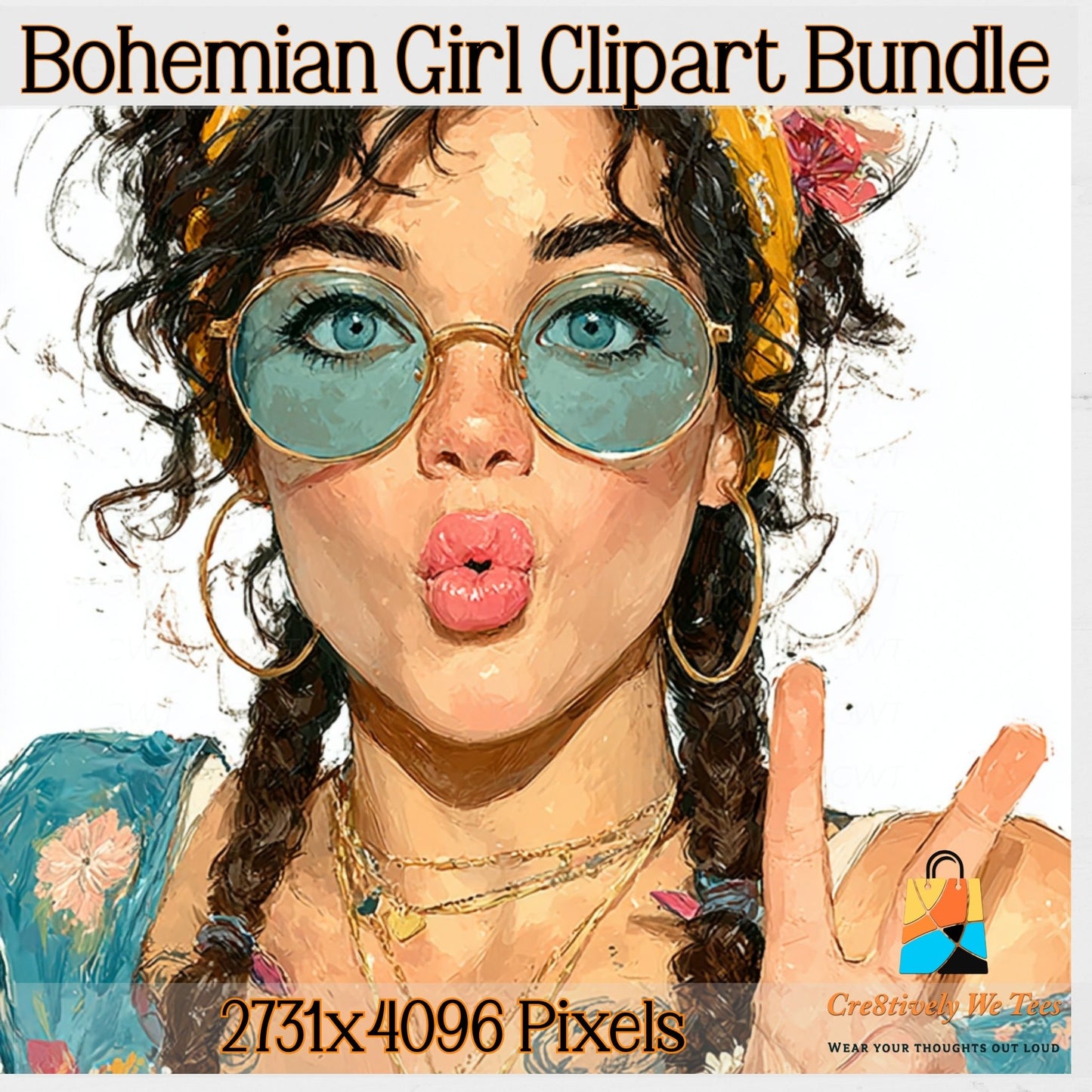 Bohemian Girl Clipart Bundle, Hippie PNG Images