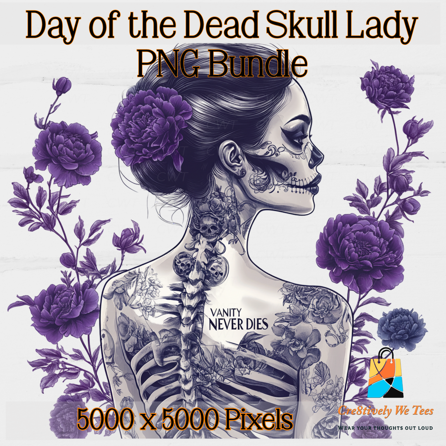 Day of the Dead Skull Lady PNG Bundle: Gothic Floral Sublimation Art, Halloween Clipart Set