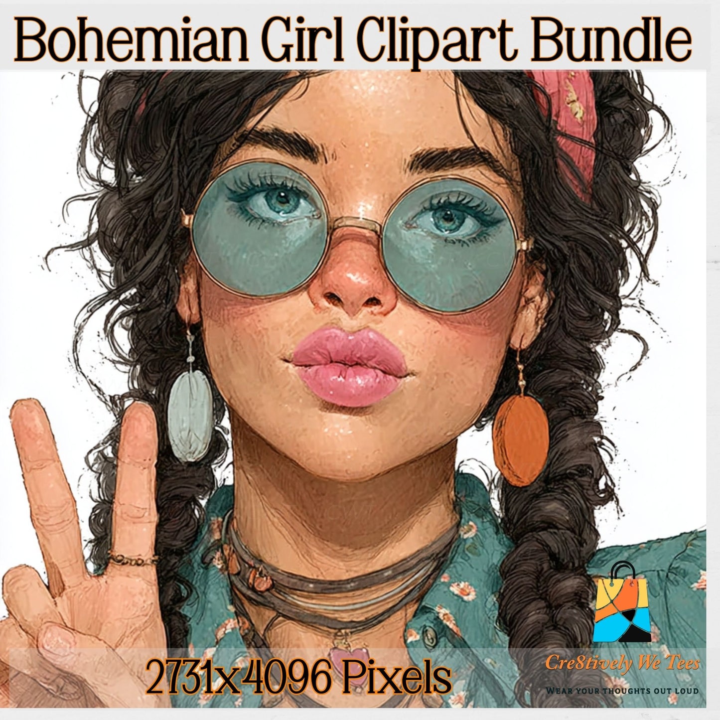 Bohemian Girl Clipart Bundle, Hippie PNG Images