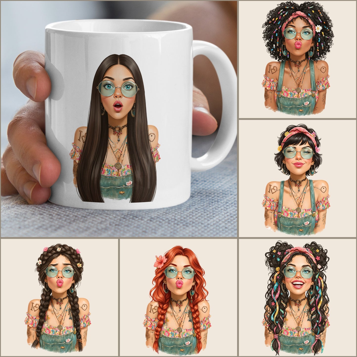 Bohemian Girl Clipart Bundle, Hippie PNG Images