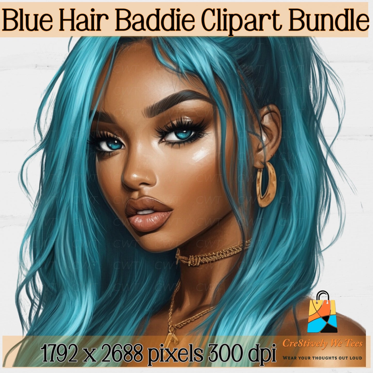 Blue Haired Baddie Clipart Bundle – 18 PNGs | Transparent Background | Digital Download
