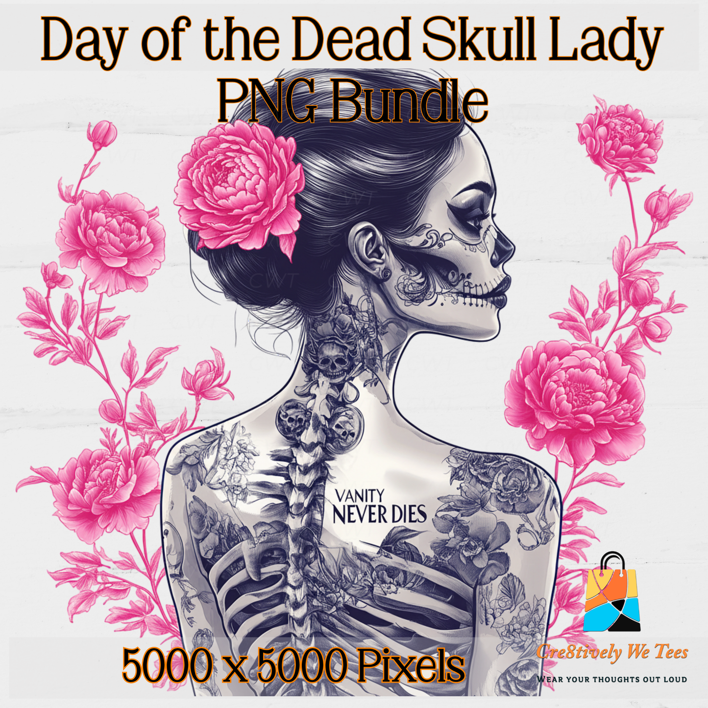 Day of the Dead Skull Lady PNG Bundle: Gothic Floral Sublimation Art, Halloween Clipart Set