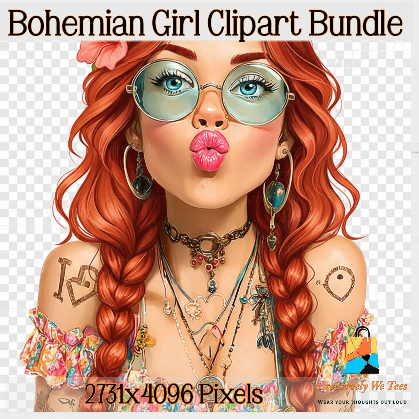 Bohemian Girl Clipart Bundle, Hippie PNG Images