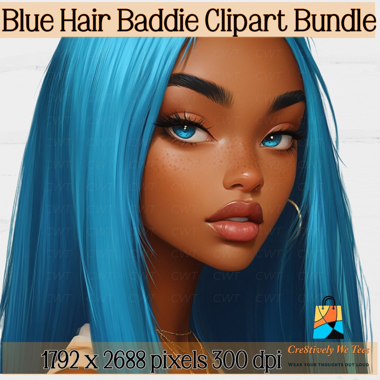 Blue Haired Baddie Clipart Bundle – 18 PNGs | Transparent Background | Digital Download
