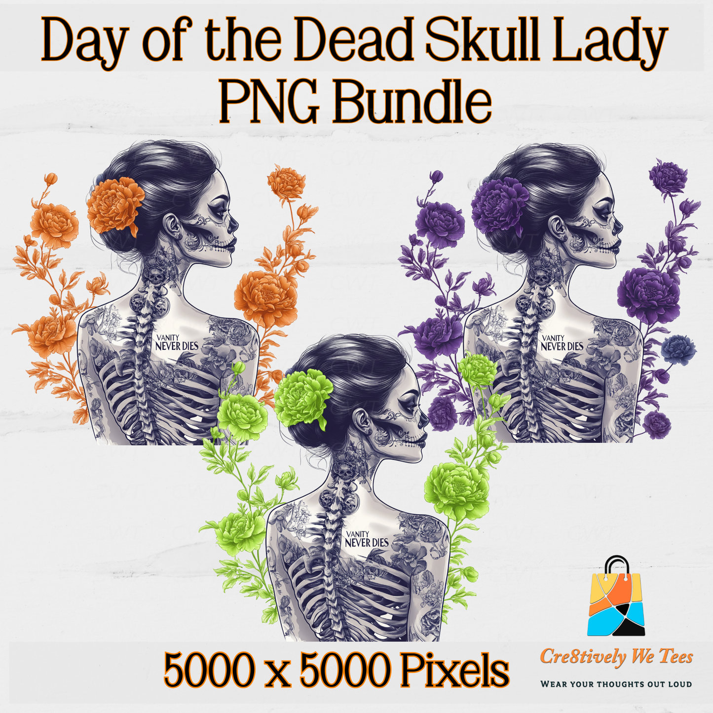 Day of the Dead Skull Lady PNG Bundle: Gothic Floral Sublimation Art, Halloween Clipart Set