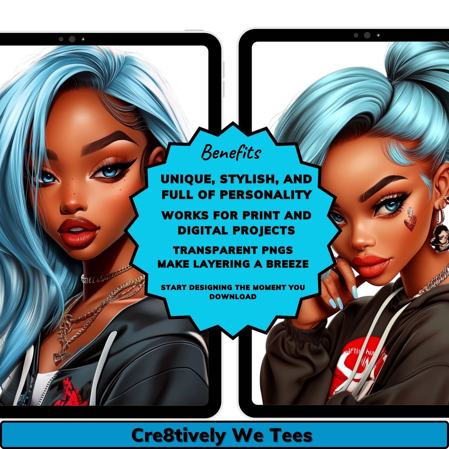 Electric Blue Babe Clipart Bundle – 12 PNGs | Stylish & Trendy Digital Fashion Illustrations