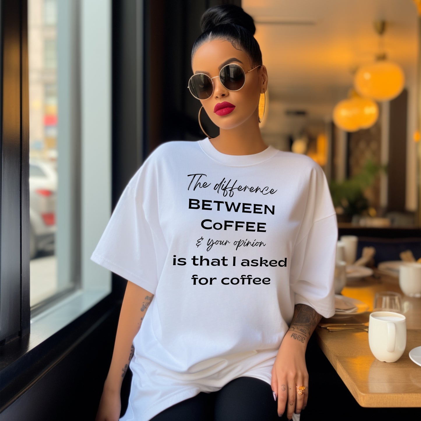 Woman in oversized white graphic tee with funny coffee quote “The difference between coffee & your opinion is that I asked for coffee.”