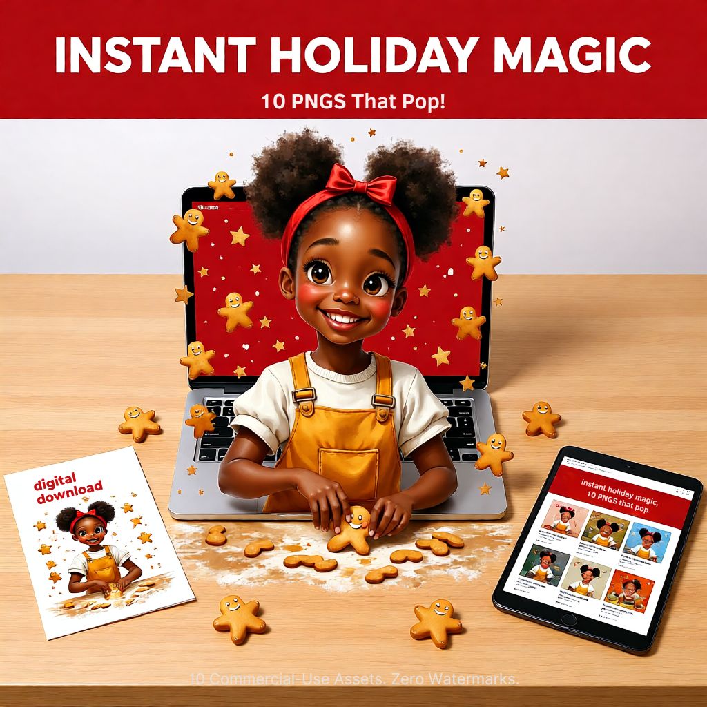 Black girl baking gingerbread cookies in front of laptop and tablet showing product previews, representing Afrocentric Christmas digital art collection.