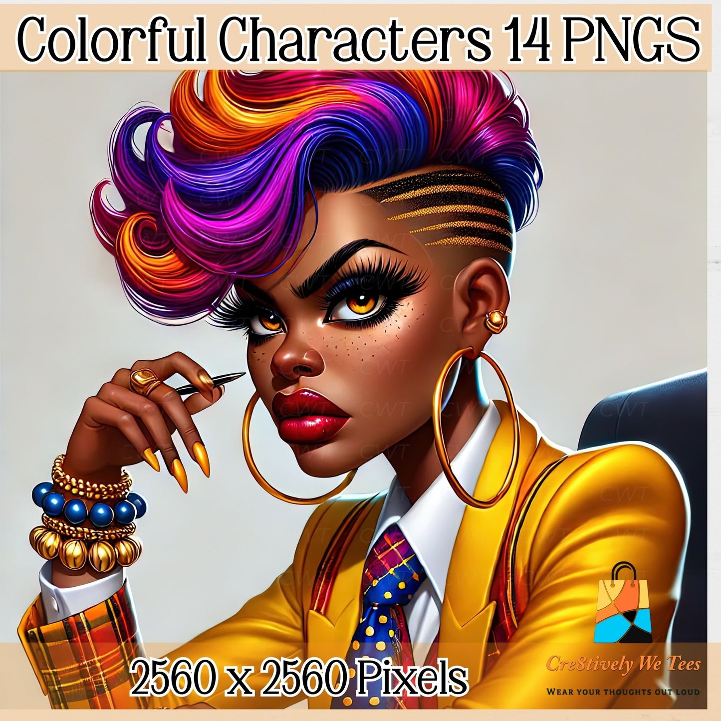 Colorful character illustration with vibrant hair and accessories, featuring 'Creatively We Tees' logo.