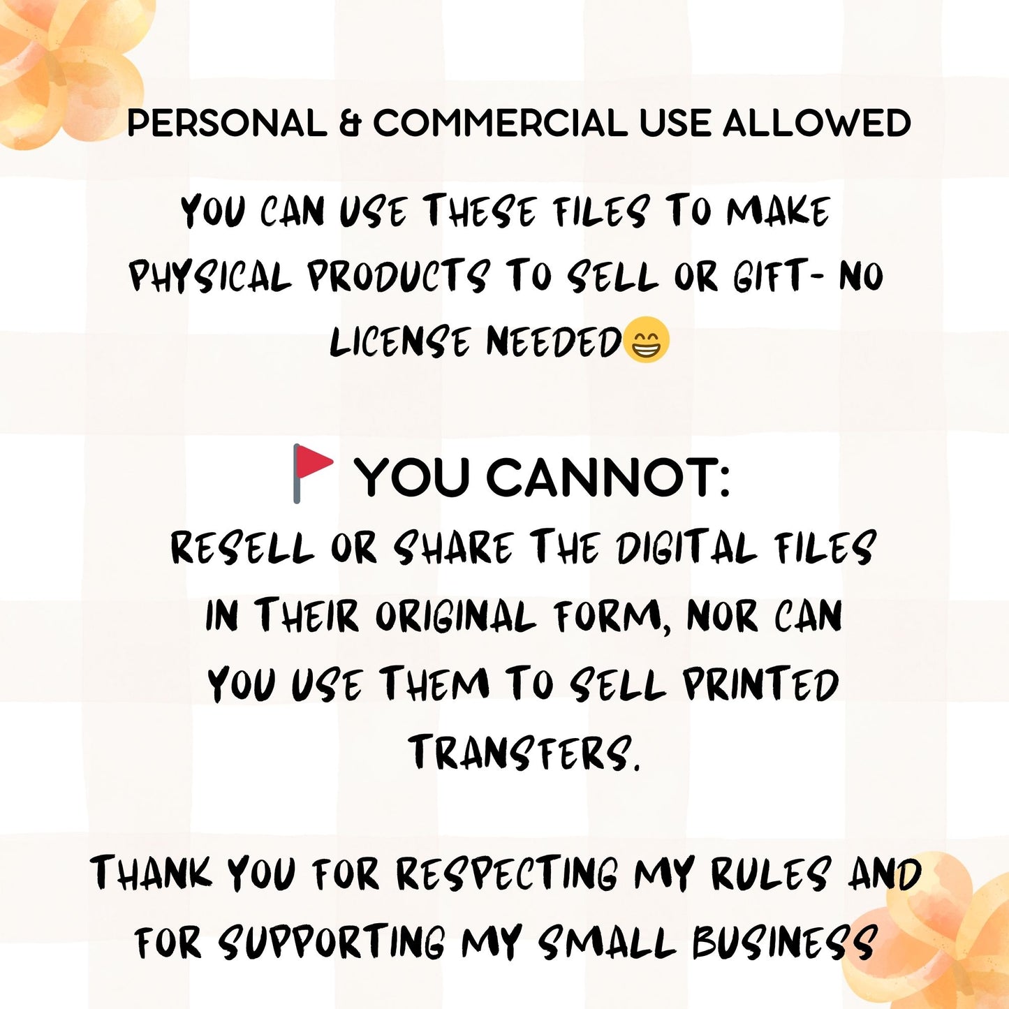 Text with copyright and usage guidelines on a light background with floral elements
