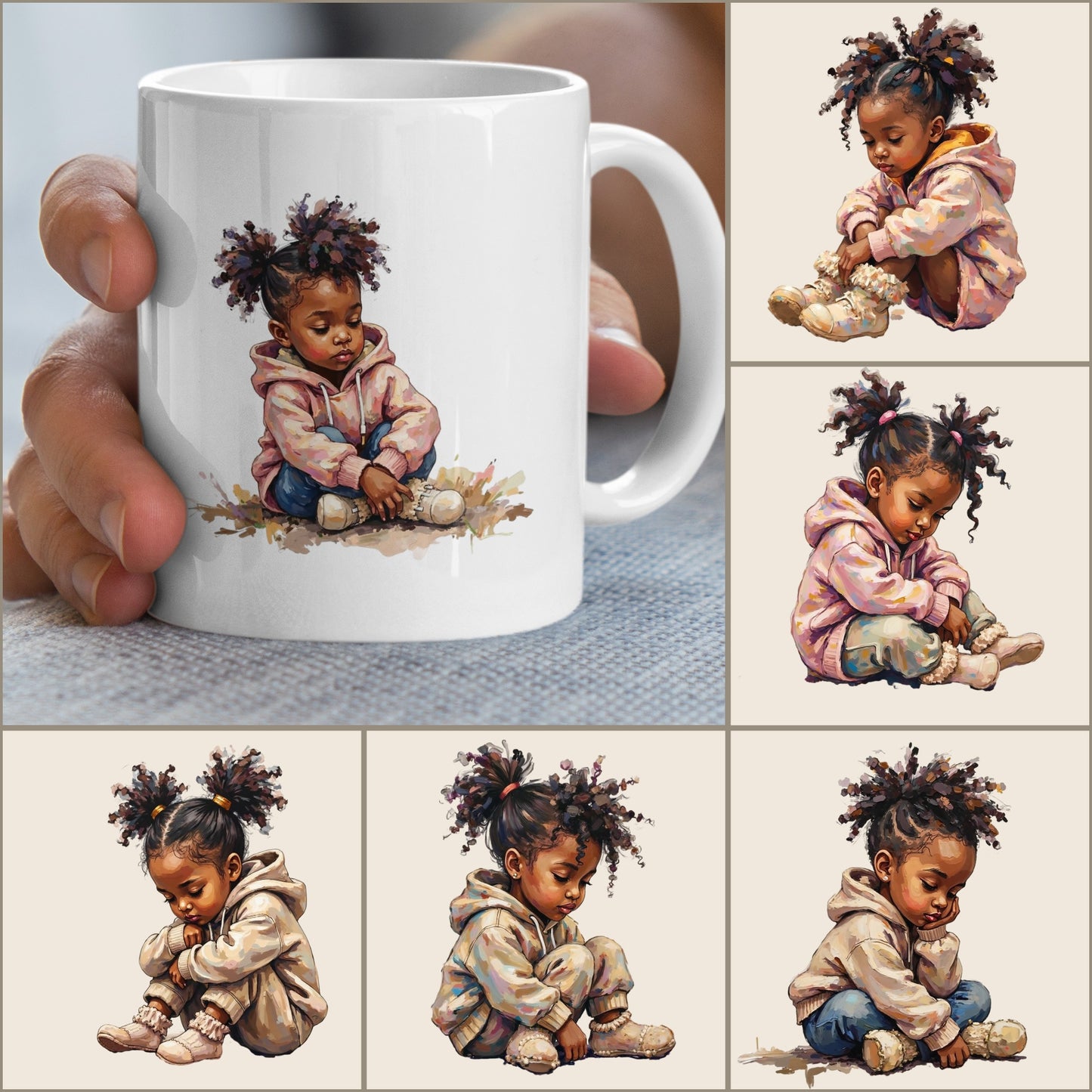 White mug with a design of a child in a pink hoodie, surrounded by smaller images of the same design.