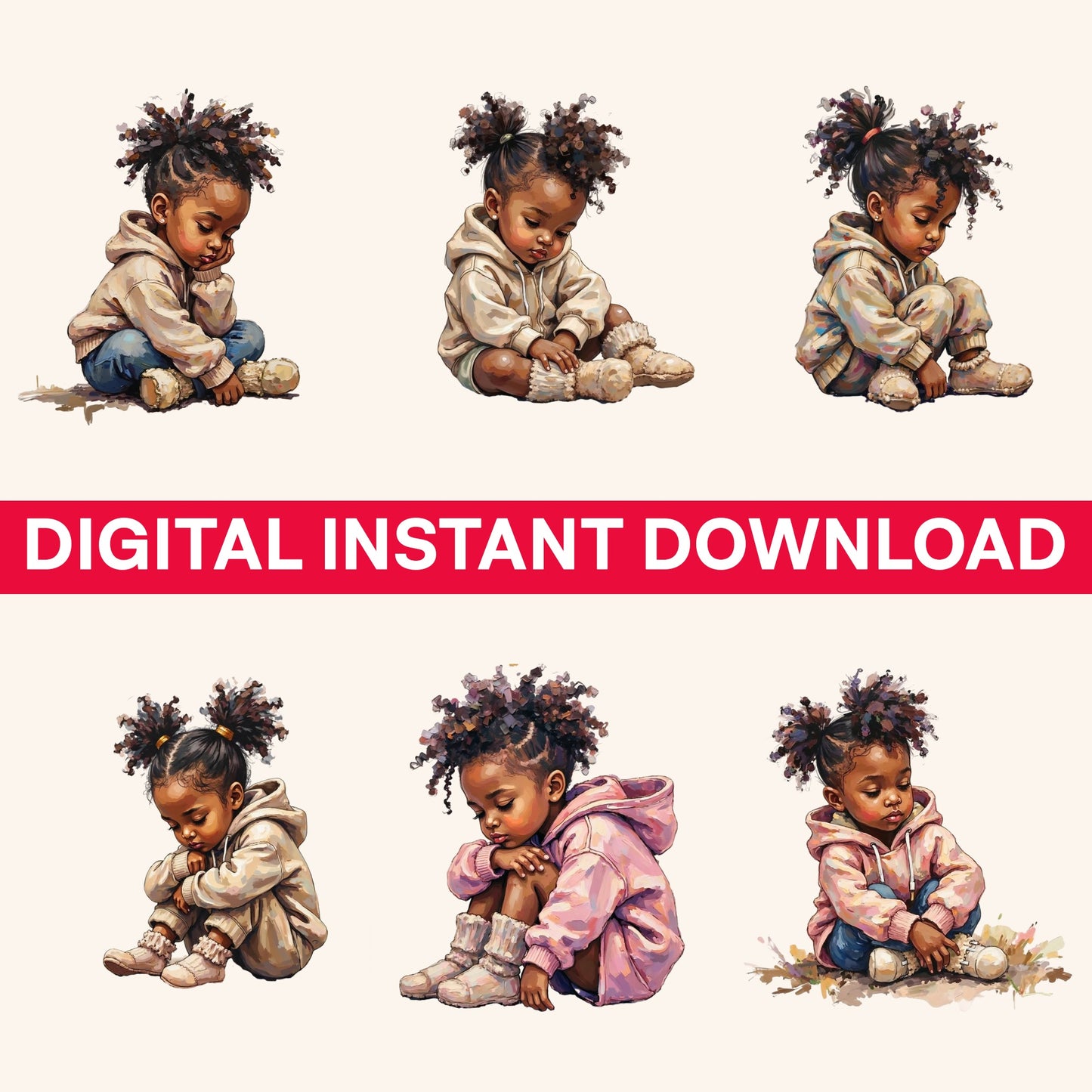 Digital instant download of six watercolor images of young african american girls sitting with natural hairstyles and wearing muted hoodies and fuzzy socks, on a white background