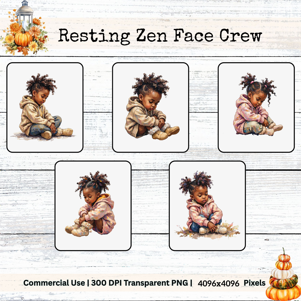 Set of five images of a child sitting with a relaxed expression on a wooden background, labeled 'Resting Zen Face Crew'.