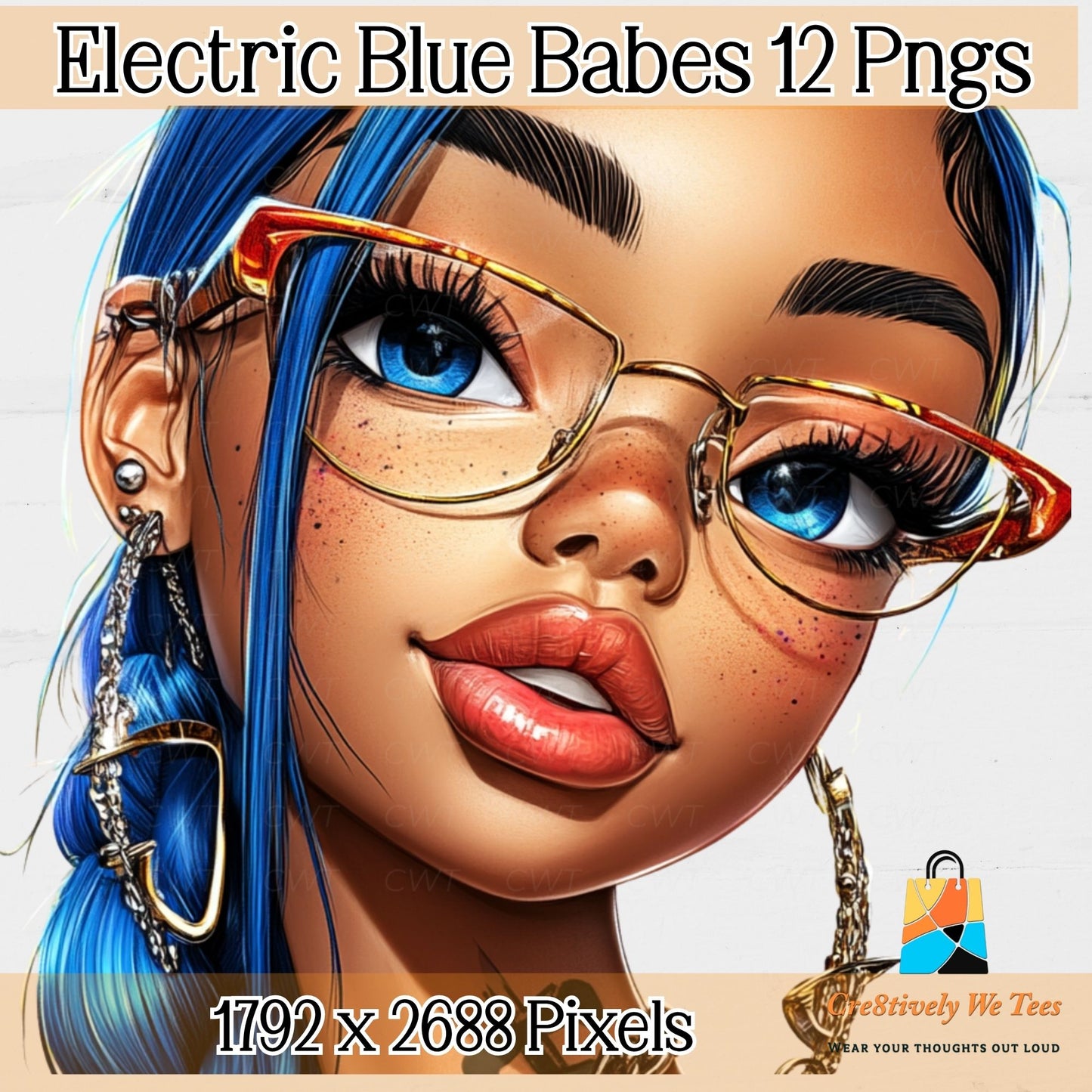 Illustration of a woman with blue hair and glasses, labeled 'Electric Blue Babes 12 Pngs'.