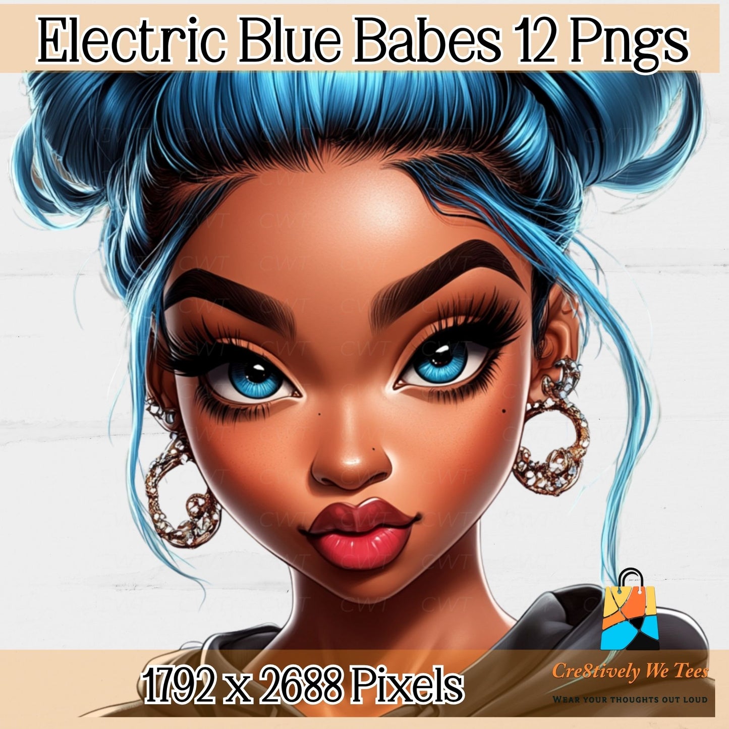 Illustration of a woman with blue hair and jewelry, labeled 'Electric Blue Babes 12 Pngs'.