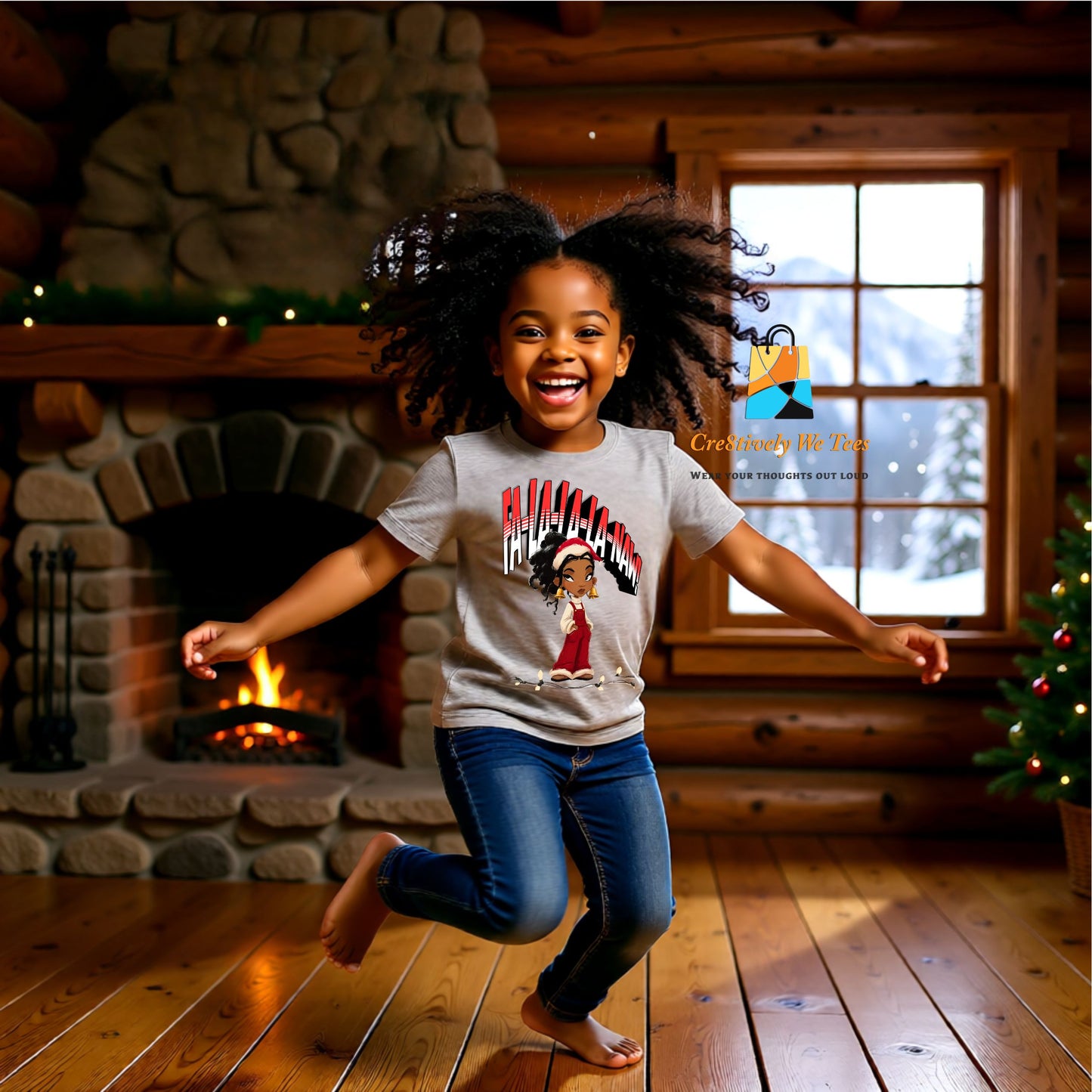 A happy young Black girl in a heather gray Falala-la-Naw t-shirt jumping with joy in a cozy log cabin decorated for the holidays.