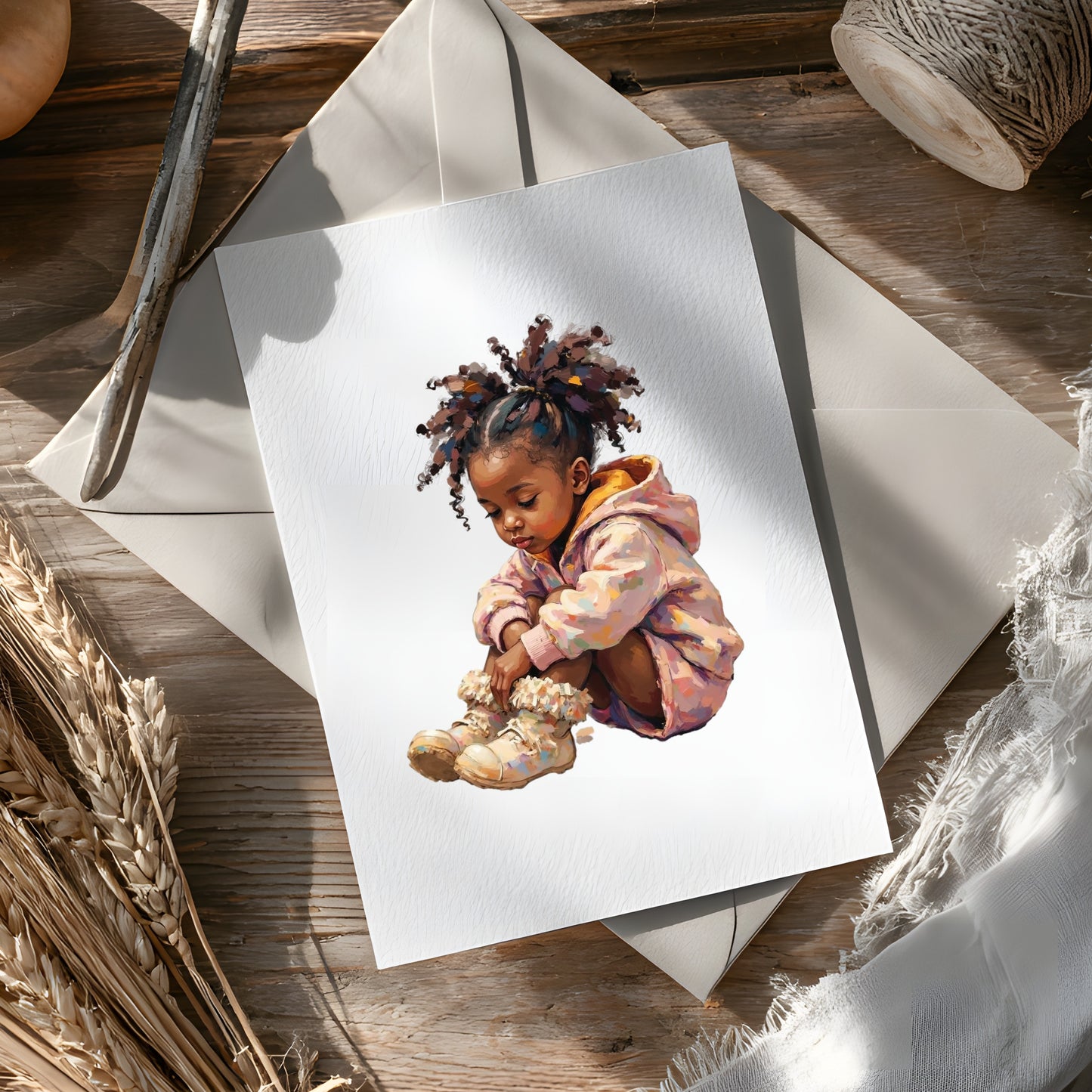 Card with a child natural hair, pink hoodie and fuzzy socks sitting comfortably.