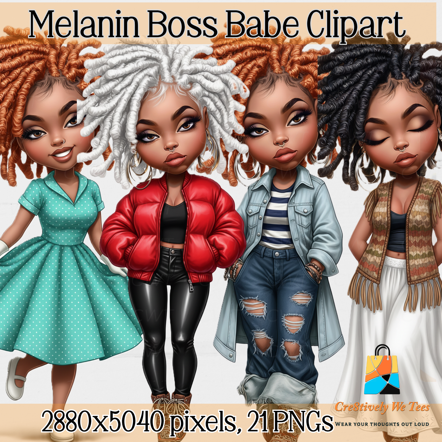 Four illustrated African American women with different loc'd hairstyles and outfits on a beige background, labeled 'Melanin Boss Babe Clipart'.