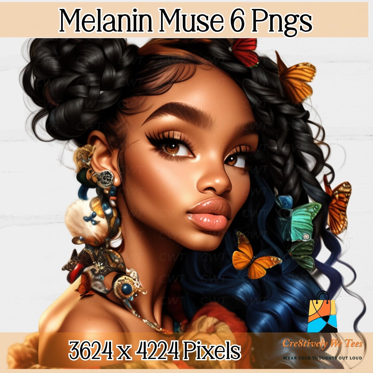 Illustration of a woman with elaborate hair and accessories, surrounded by butterflies, with 'Melanin Muse 6 Pngs' text at the top.