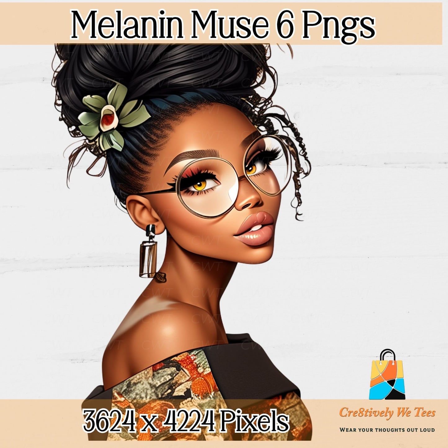 Illustration of a woman with glasses and floral hair accessory on a white background, with 'Melanin Muse 6 Pngs' text at the top.