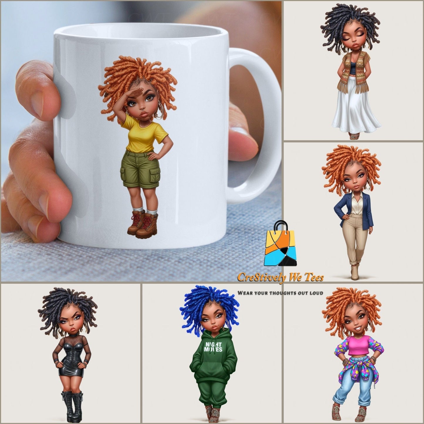 White mug with a African American cartoon character holding it, surrounded by other cartoon characters in different outfits.