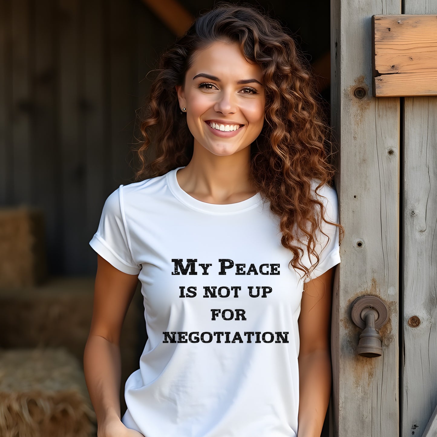 Smiling woman in rustic setting wearing peace message T-shirt; casual unisex fit for mental health awareness and boundary setting.