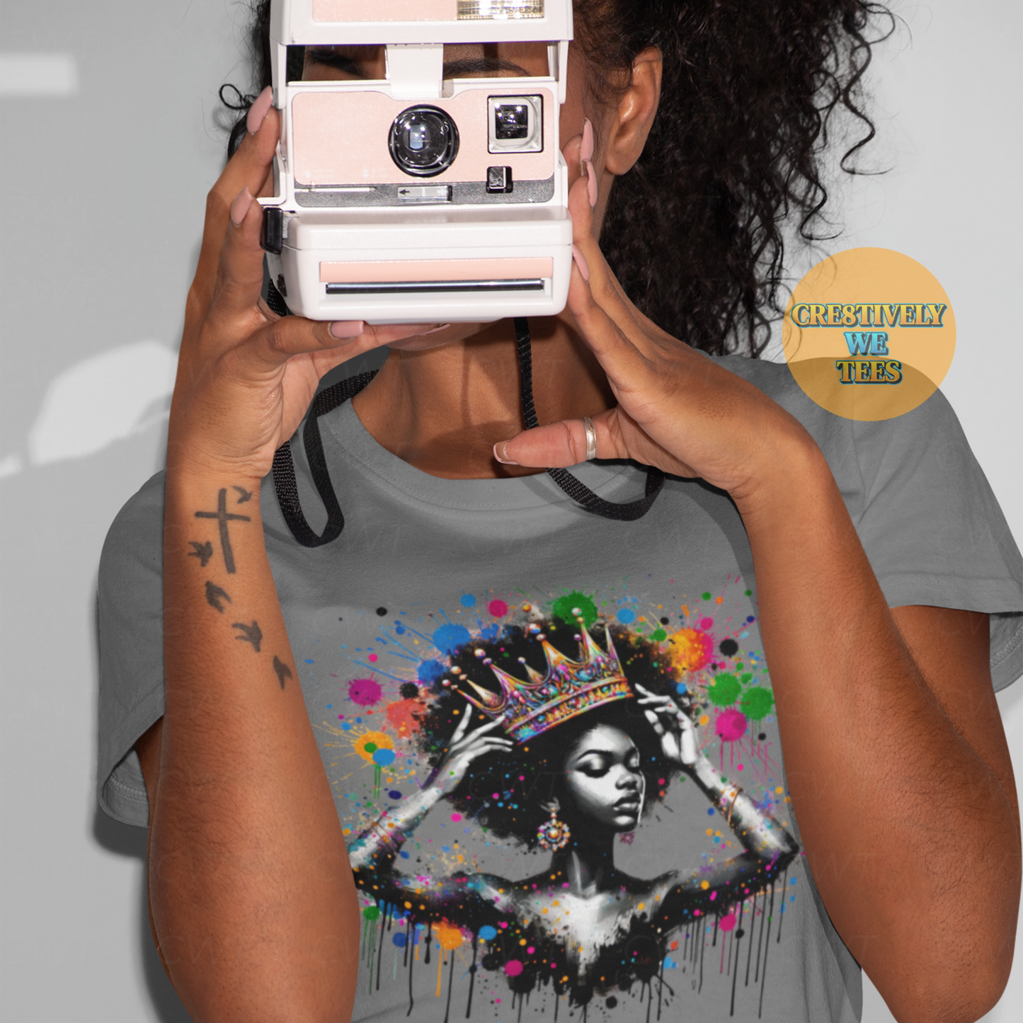 Gray t-shirt with colorful crown and empowered Black woman graphic, from Cre8tively We Tees collection.