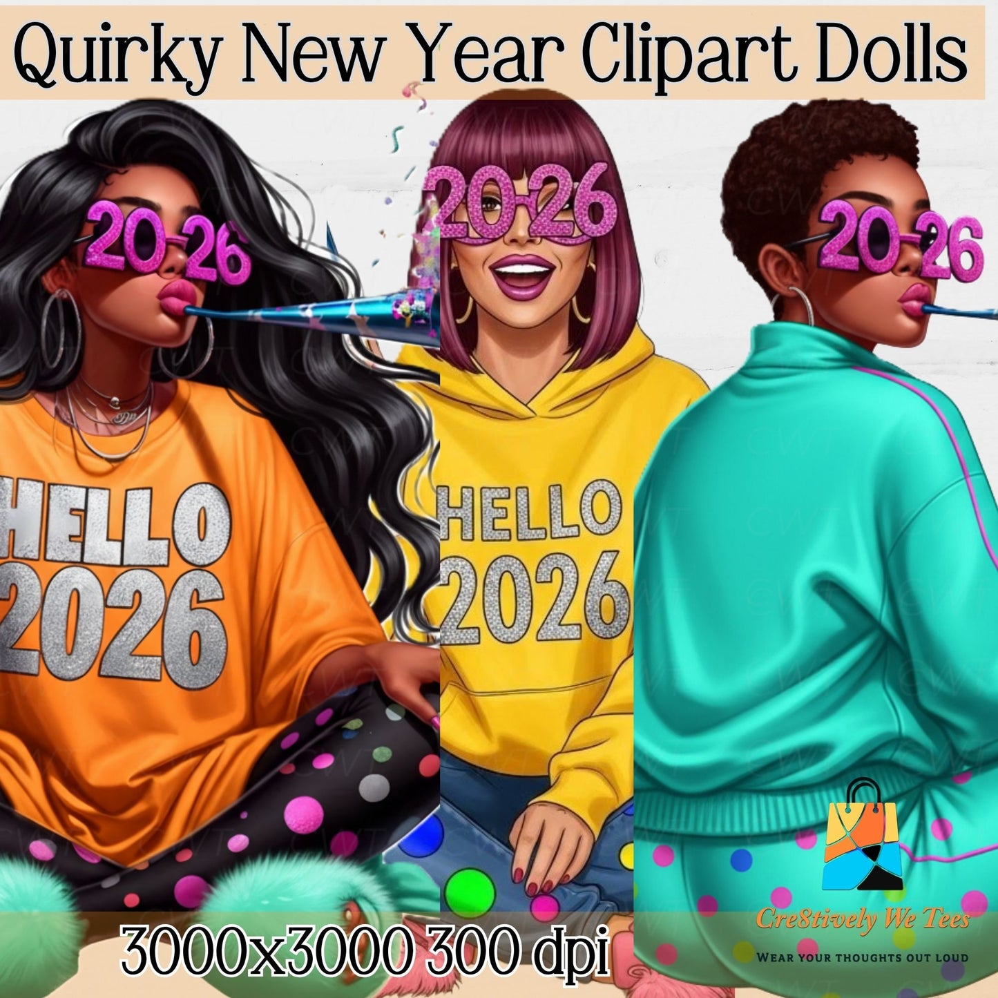 Three dolls wearing 'Hello 2026' outfits and glasses with the year on a beige background.