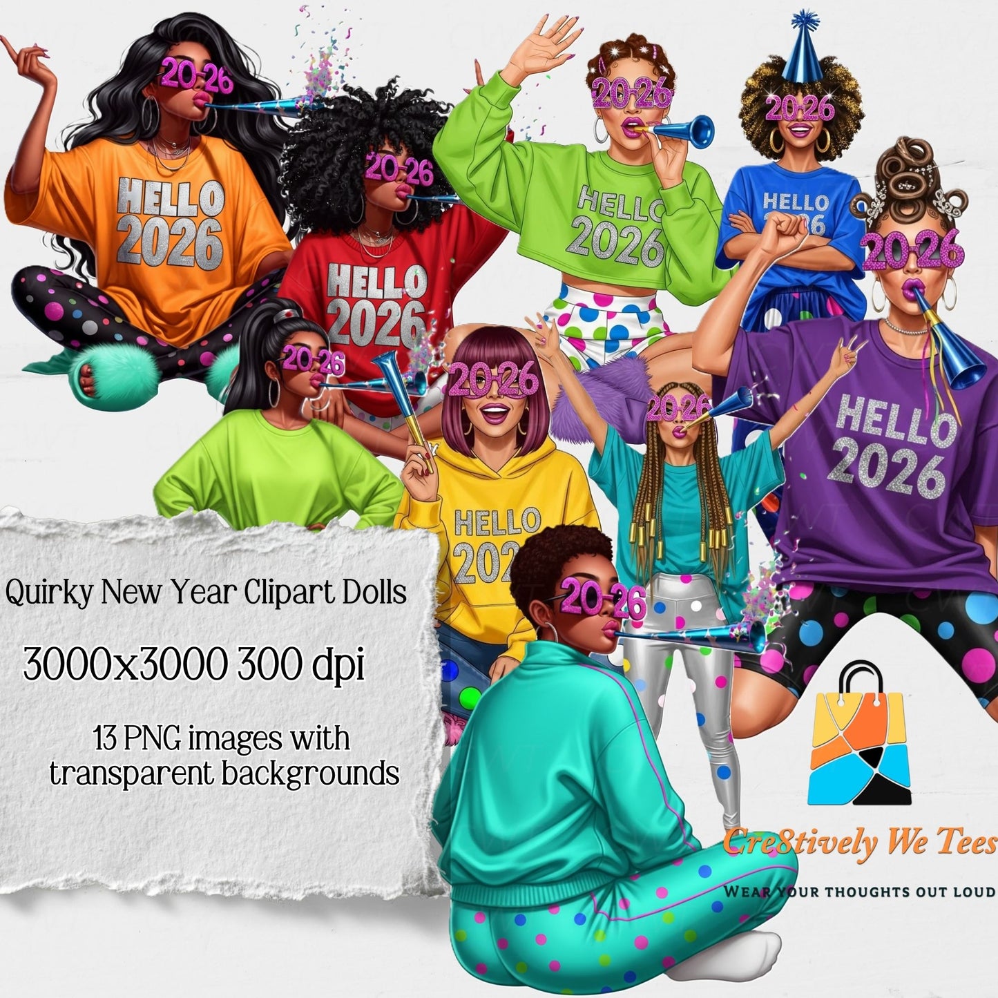 Collage of dolls wearing 'Hello 2026' clothing and accessories with promotional text.
