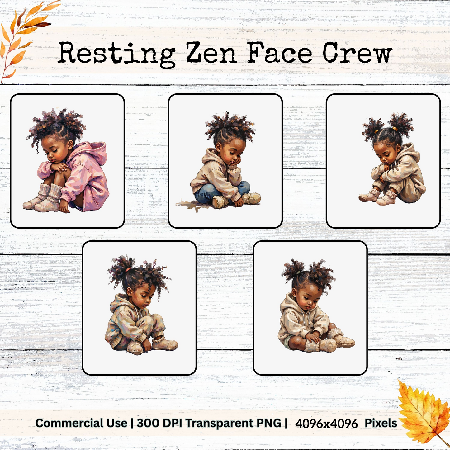 Set of five images of a child sitting wearing muted tone hoodies and clothing, labeled 'Resting Zen Face Crew'.