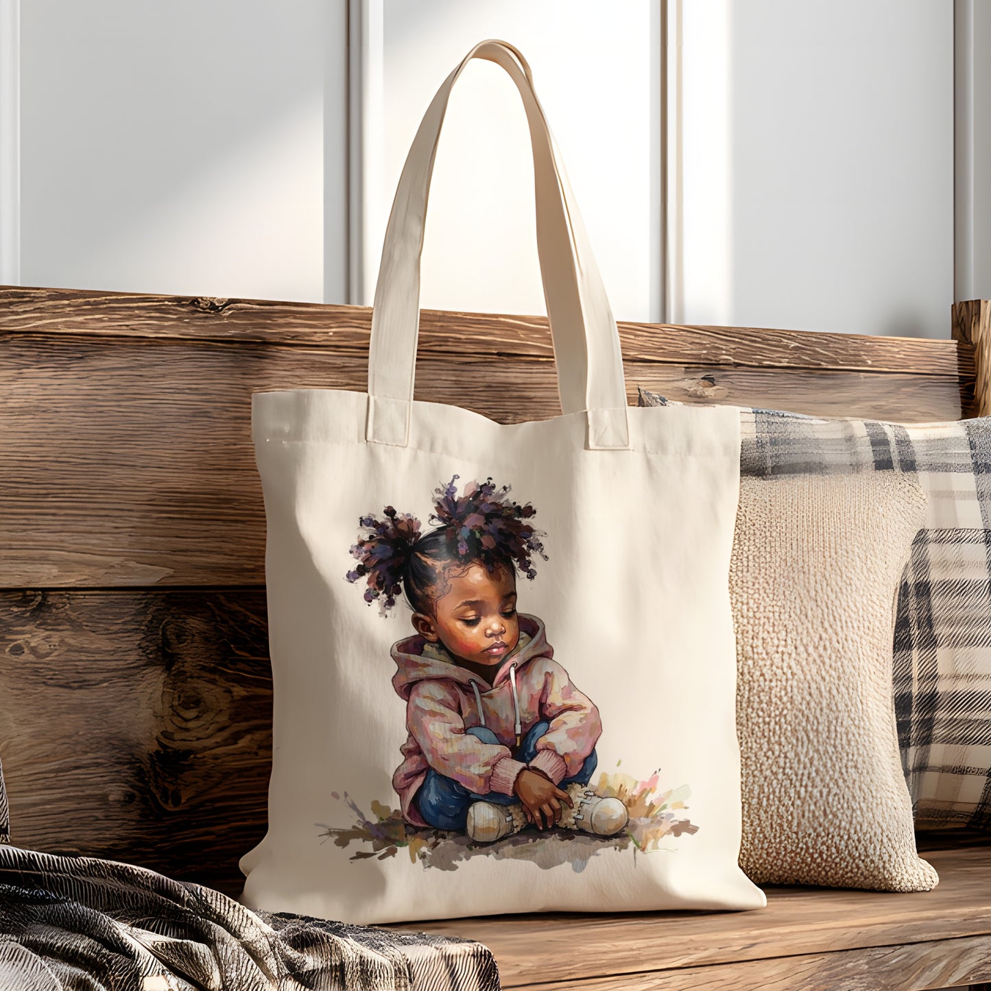 Tote bag with a child's illustration on a wooden surface