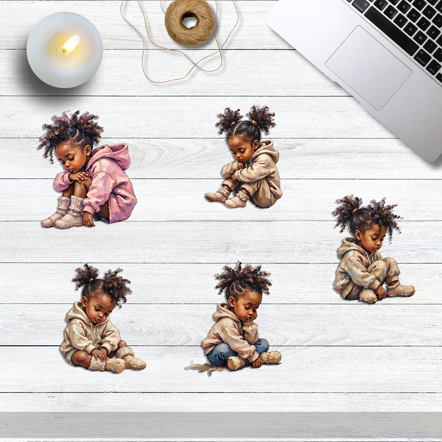 Illustrations of a young girl in various poses on a wooden surface with a laptop.