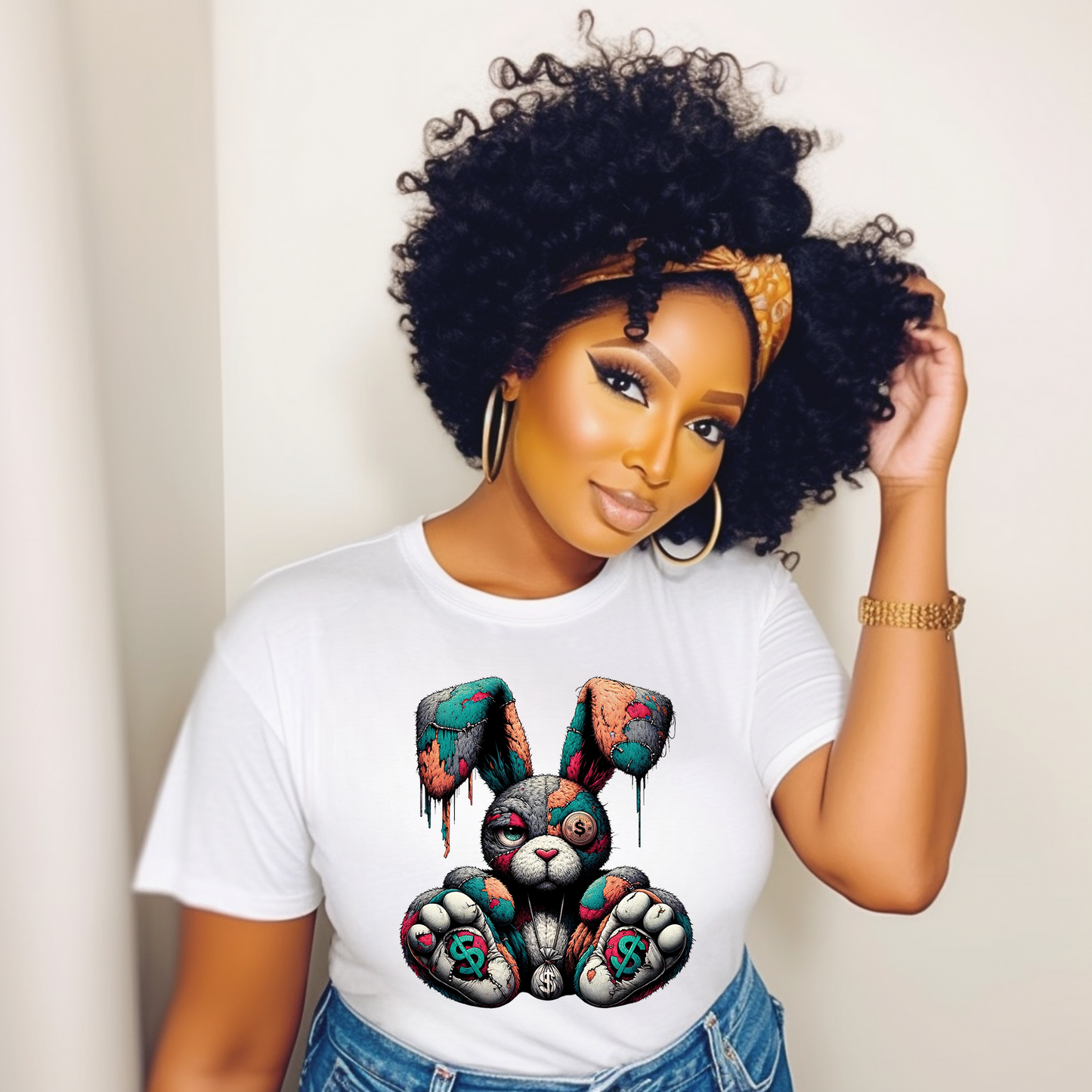 Woman wearing white Money Bunny Street Style Unisex Graphic Tee with colorful dripping cartoon bunny and urban streetwear vibe.