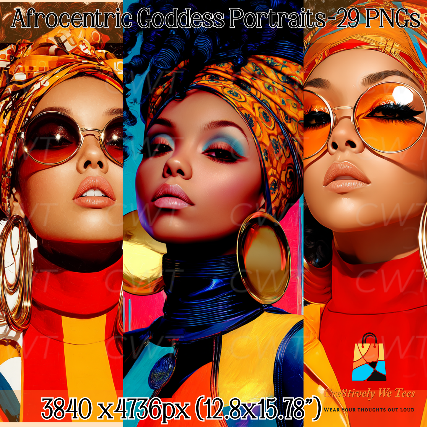 A bright mockup featuring three Afrocentric goddess illustrations with bold sunglasses, vibrant prints, and colorful headwraps. The title “Afrocentric Goddess Portraits – 29 PNGs” appears at the top with file dimensions shown beneath.