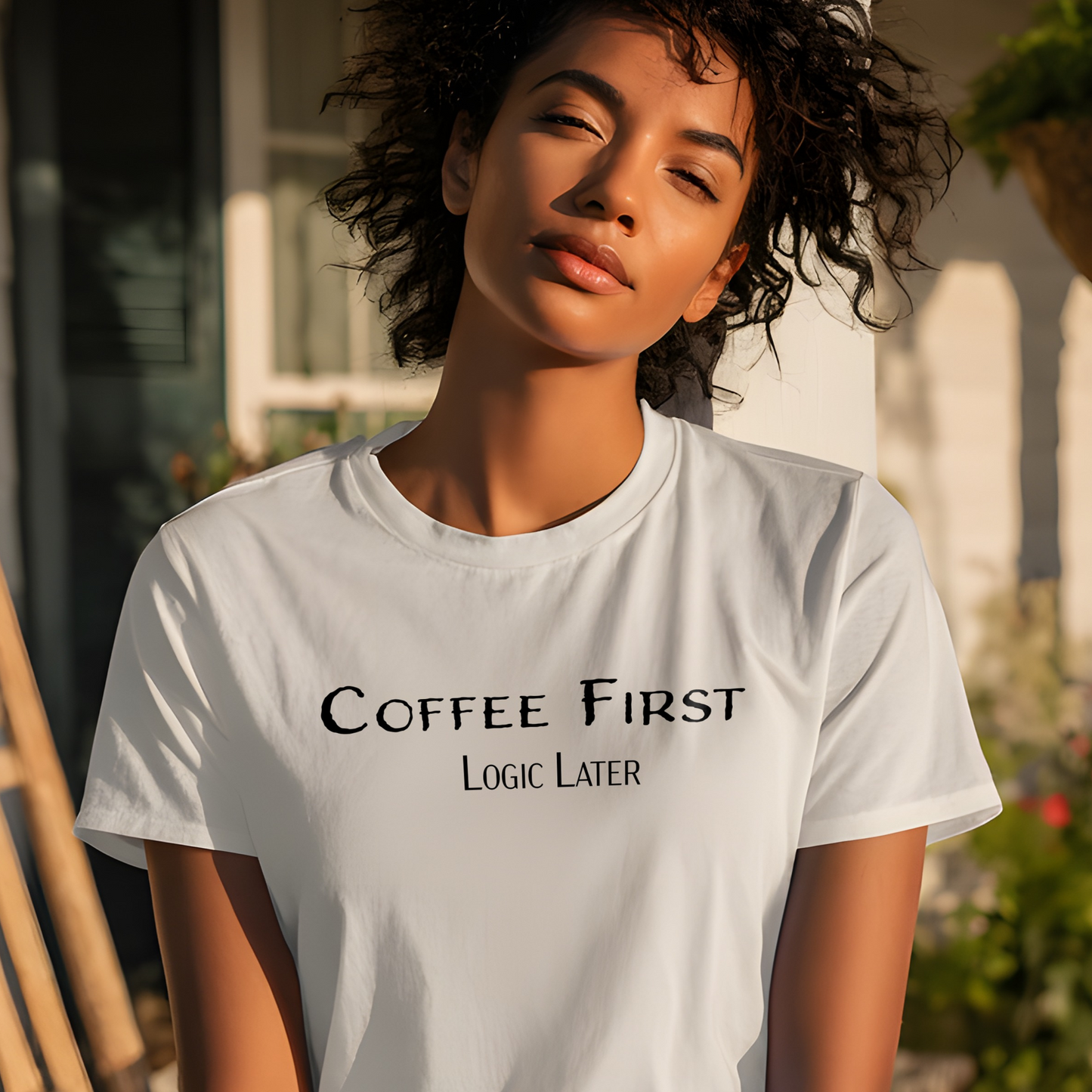Young woman outdoors wearing white “Coffee First Logic Later” T-shirt; funny coffee quote tee for caffeine lovers, unisex fit.