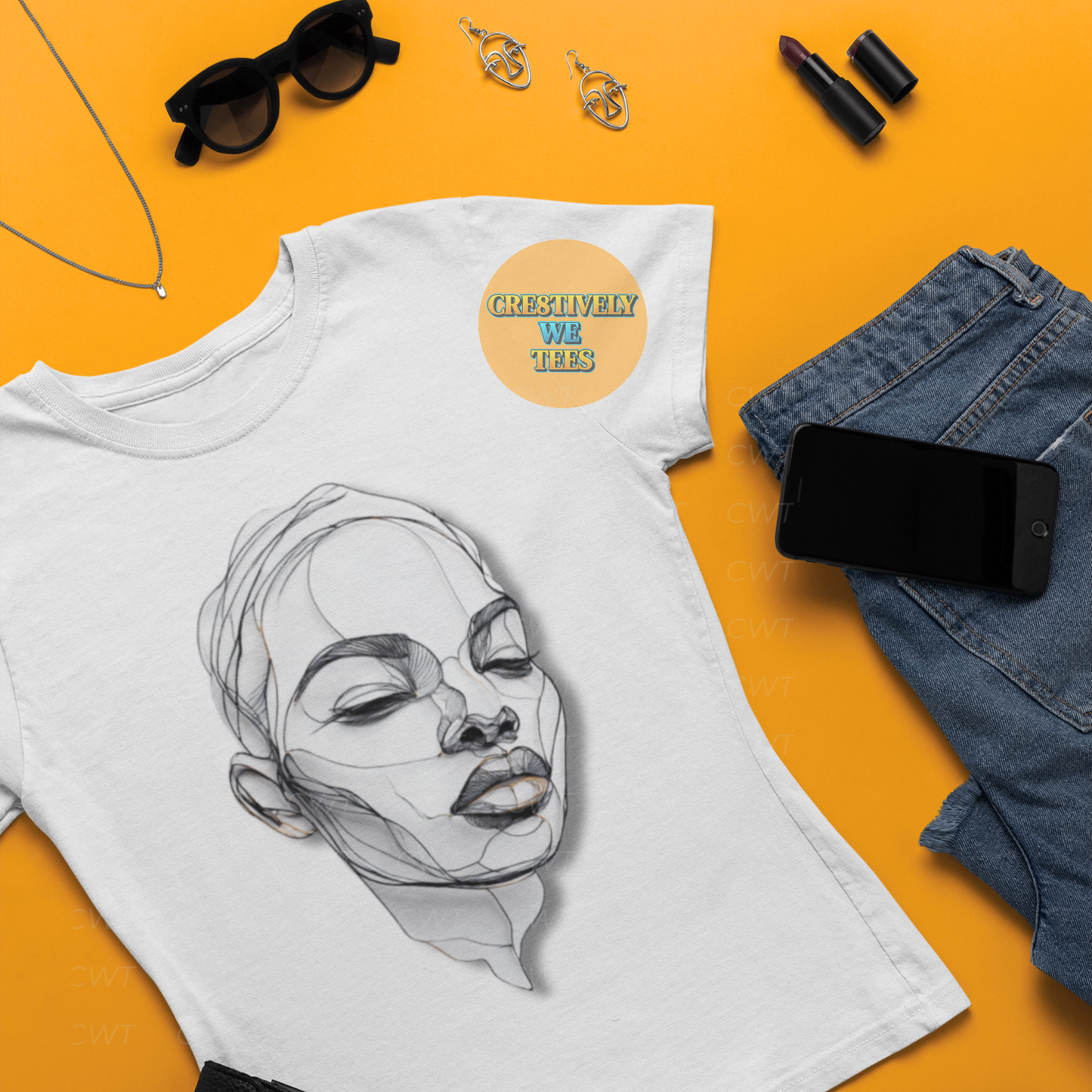 Minimalist Line Art Face Tee – Modern Afro Beauty Sketch T-Shirt for Women