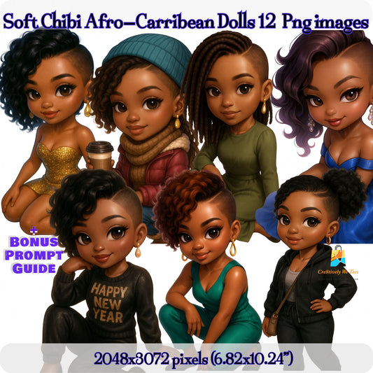Soft-Chibi Afro-Caribbean Doll Collection + Prompt Guide (12 Images)