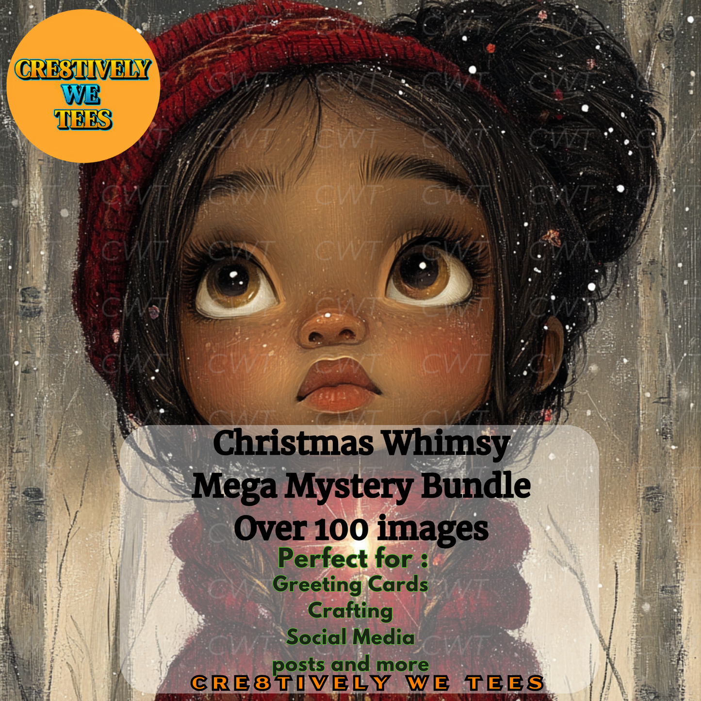 Portrait of a young girl with big eyes and a red hat in a whimsical winter setting, part of the Christmas Whimsy Mega Bundle.