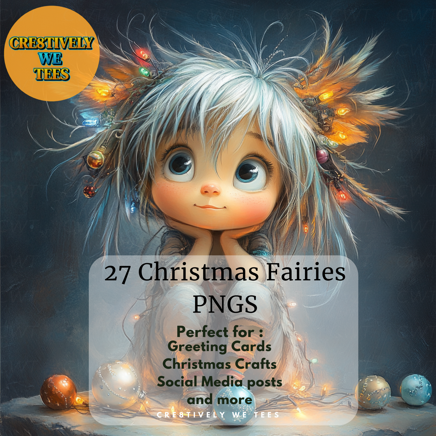 A whimsical Christmas fairy with sparkling blue hair adorned with holiday lights, sitting among festive ornaments. Perfect for greeting cards, crafts, and digital designs.