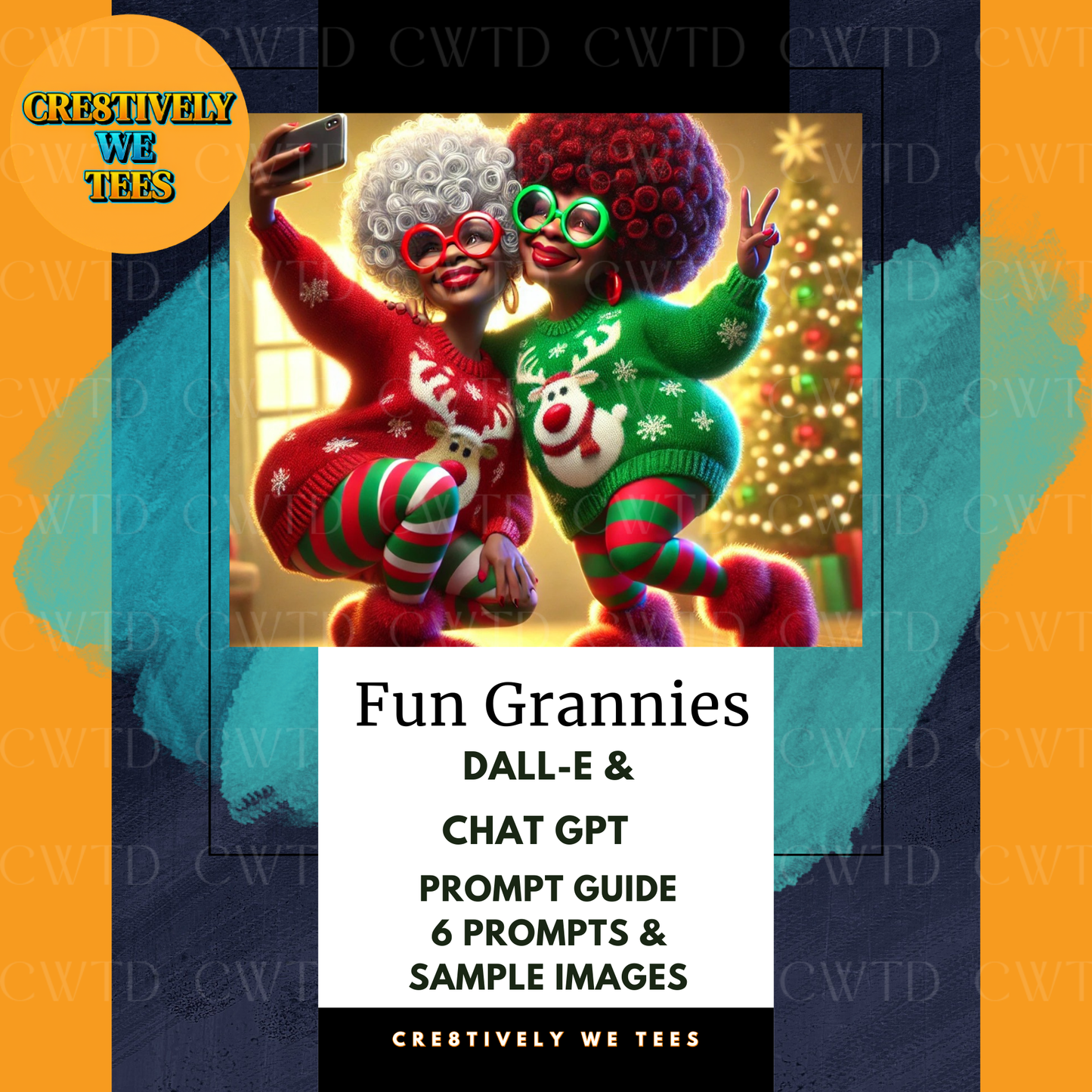 Quirky and colorful, this Fun Grannies cover image showcases the whimsical vibe of our DALL-E & ChatGPT Prompt Guide. Perfect for AI art enthusiasts!