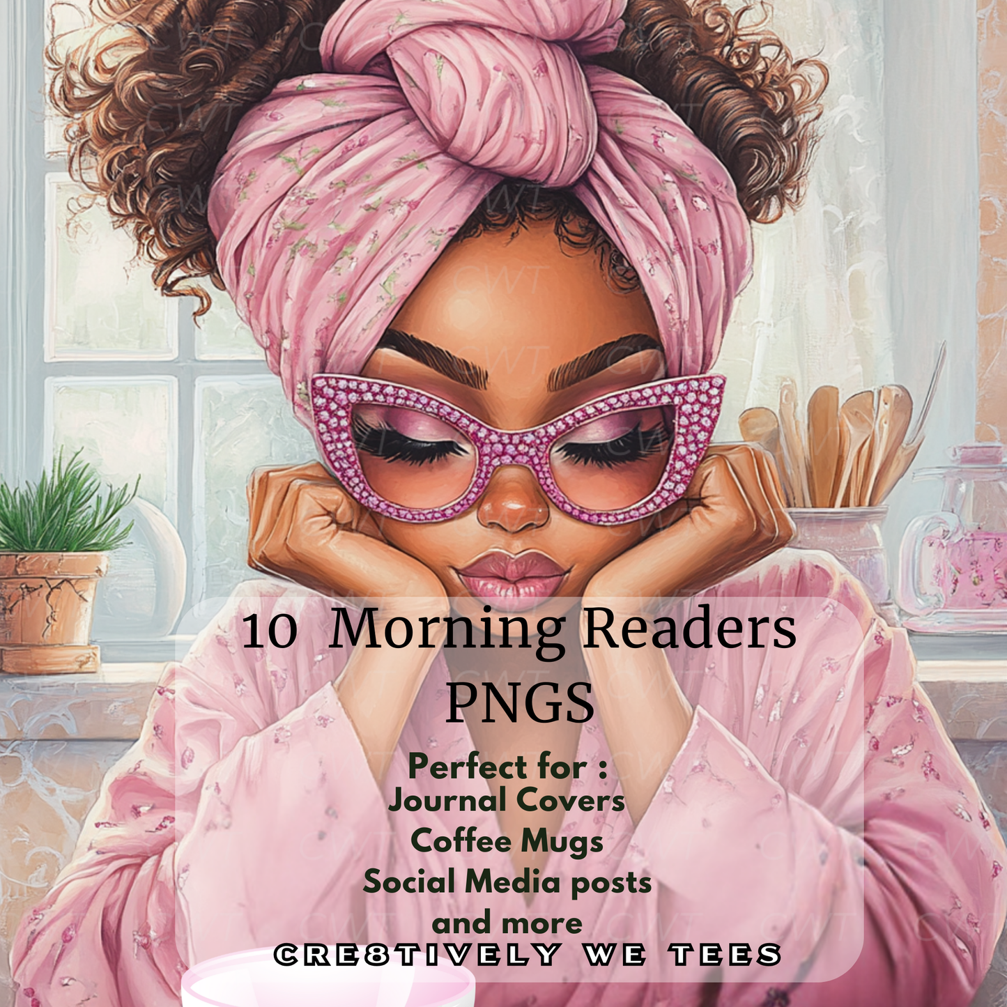 Digital art of a stylish woman with curly hair, pink glasses, and a cozy morning aesthetic, ideal for journals, mugs, or social media designs.