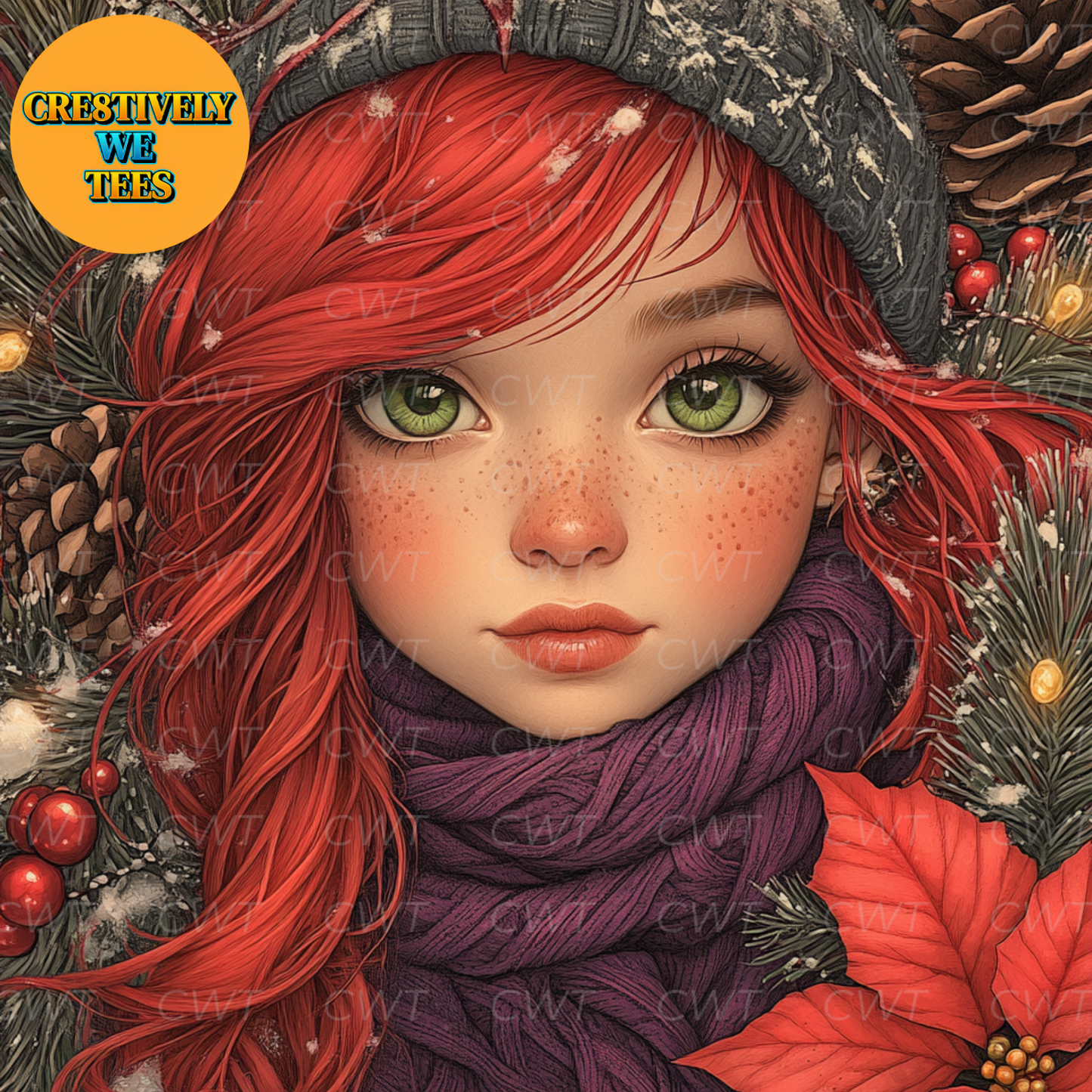 Close-up of a red-haired girl with green eyes surrounded by Christmas greenery, perfect for holiday crafts.