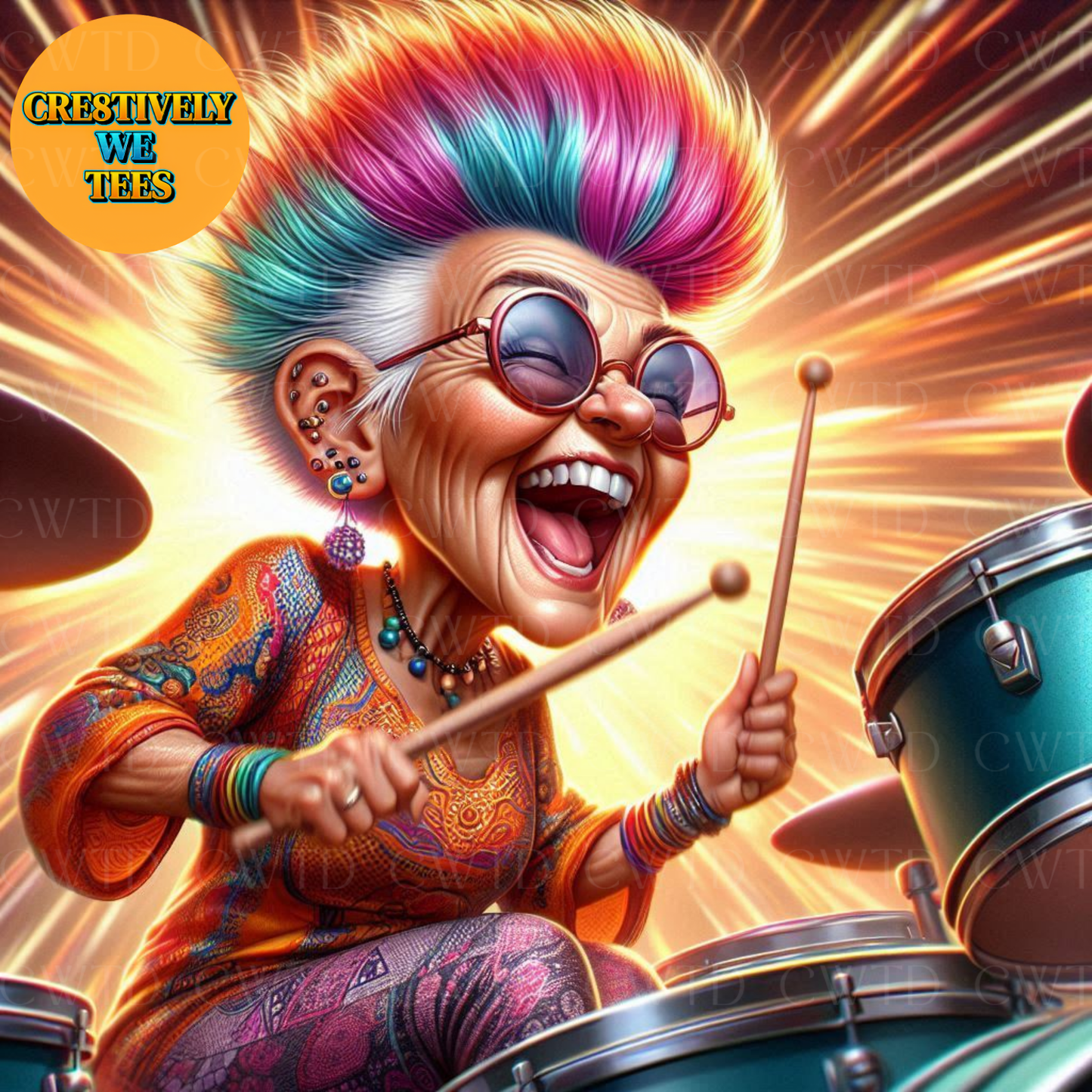 Let your imagination rock! This image from our guide captures the essence of creativity with a colorful granny drummer, inspiring unique AI art designs.