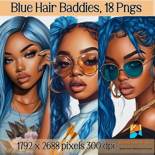 Blue Haired Baddie Clipart Bundle – 18 PNGs | Transparent Background | Digital Download