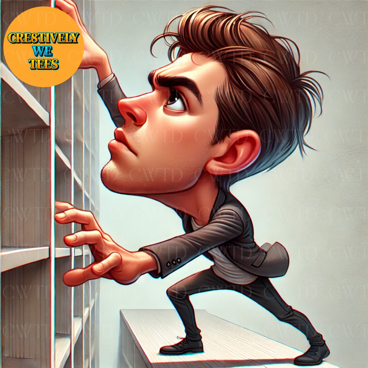 A focused character climbing a bookshelf, symbolizing dynamic and creative AI art prompts.